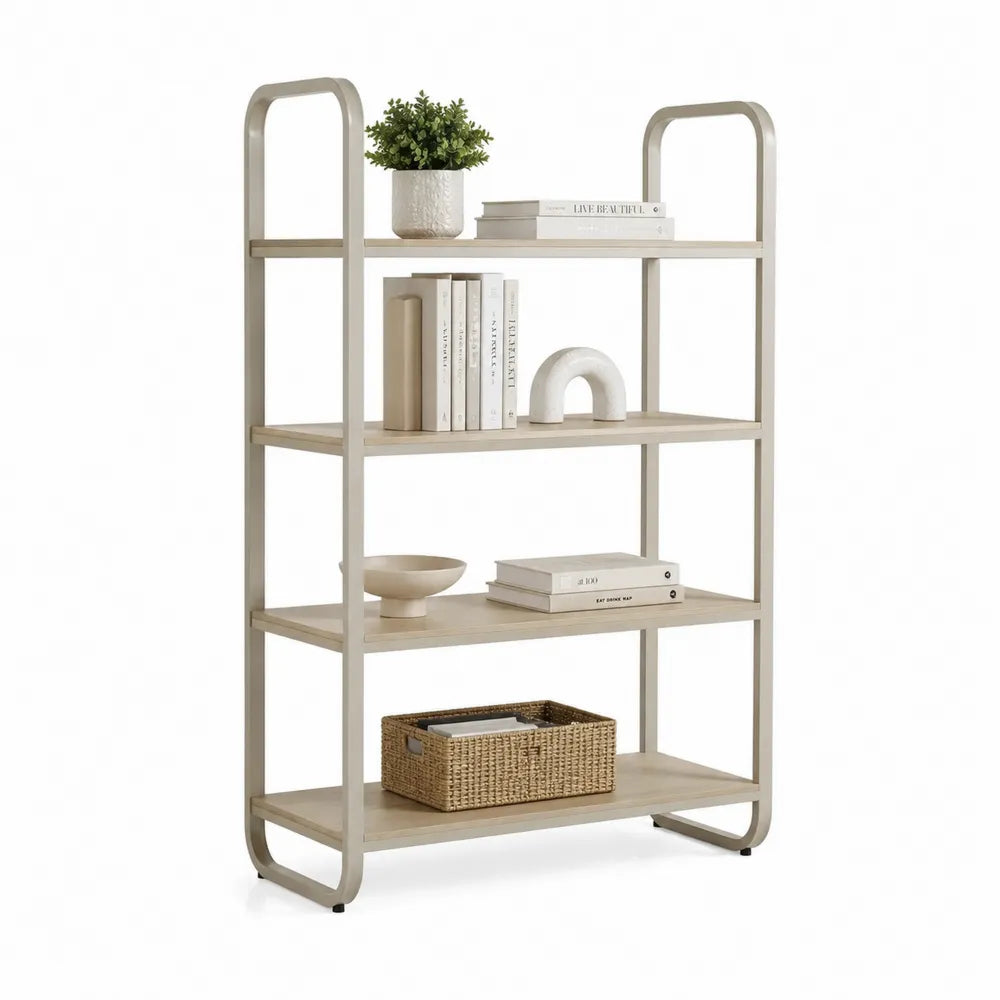 Bücherregal Standregal Metallrahmen 4 Ablagen Eichenoptik Beige rechteckig ca 80 x 30 x 150 cm