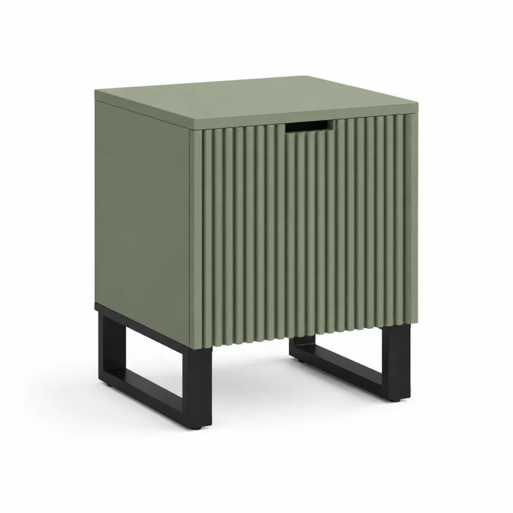 Nachttisch 40 x 40 x 55 cm 1 Schublade MDF gerillte Front grün Stahl U-Gestell rechteckig