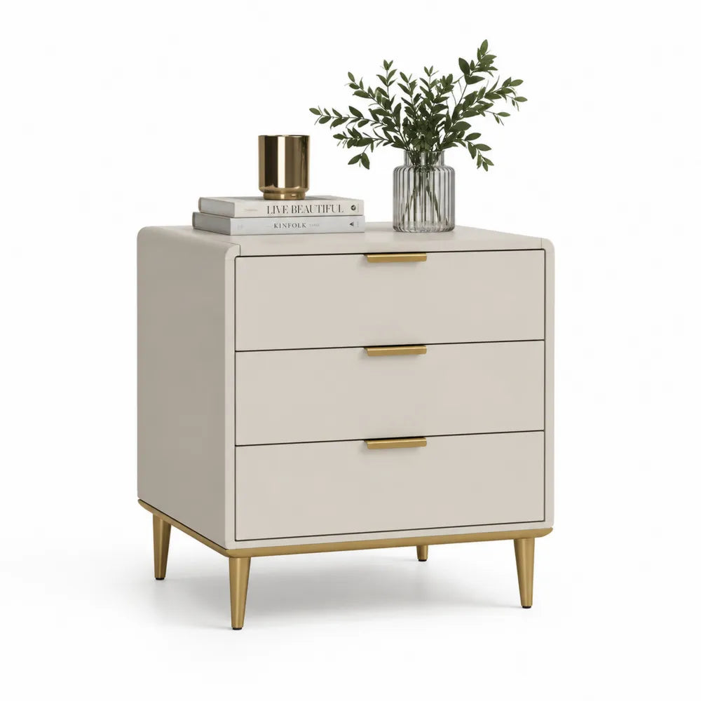 Nachttisch mit 3 Schubladen MDF beige melaminbeschichtet goldfarbene Griffe Stahlfüße konisch 60 x 40 x 60 cm