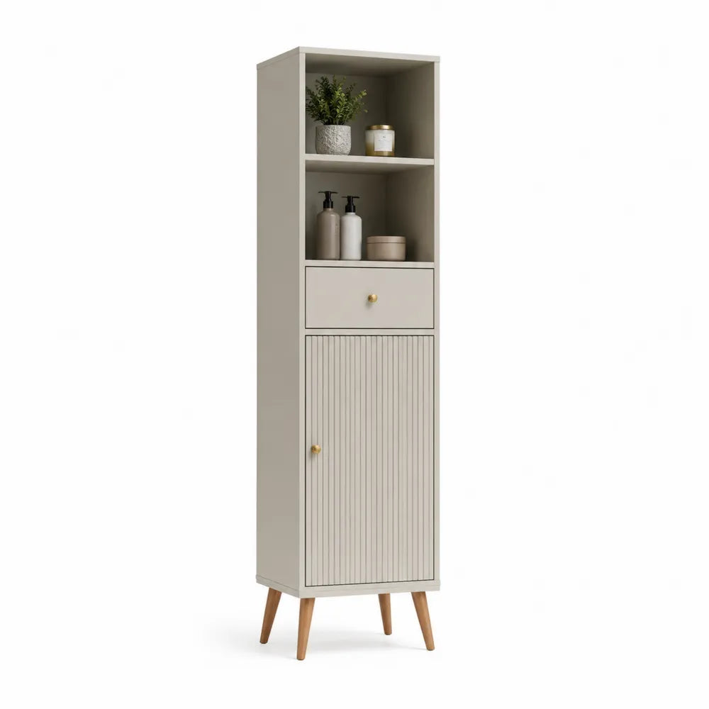 Badezimmer Hochschrank 35 x 30 x 120 cm MDF Beige mit Rillenfront Schublade und Tür Naturholzfüße Goldgriffe