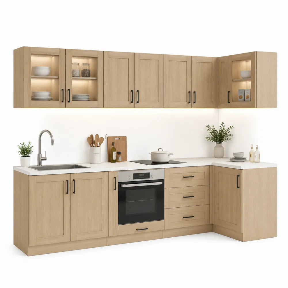Küchenzeile L-Form Holzoptik Weiß 300 x 200 cm Küchenschrank Set mit Hängeschränken und Einbaugeräten