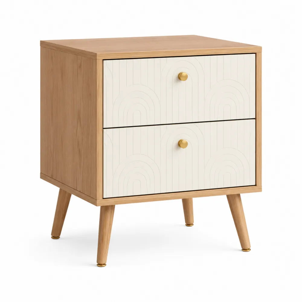 Nachttisch 50 x 40 x 55 cm Holz Eichenoptik mit 2 Schubladen weiß geriffelte Front goldfarbenen Griffen konische Holzbeine