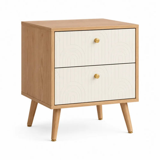 Nachttisch 50 x 40 x 55 cm Holz Eichenoptik mit 2 Schubladen weiß geriffelte Front goldfarbenen Griffen konische Holzbeine