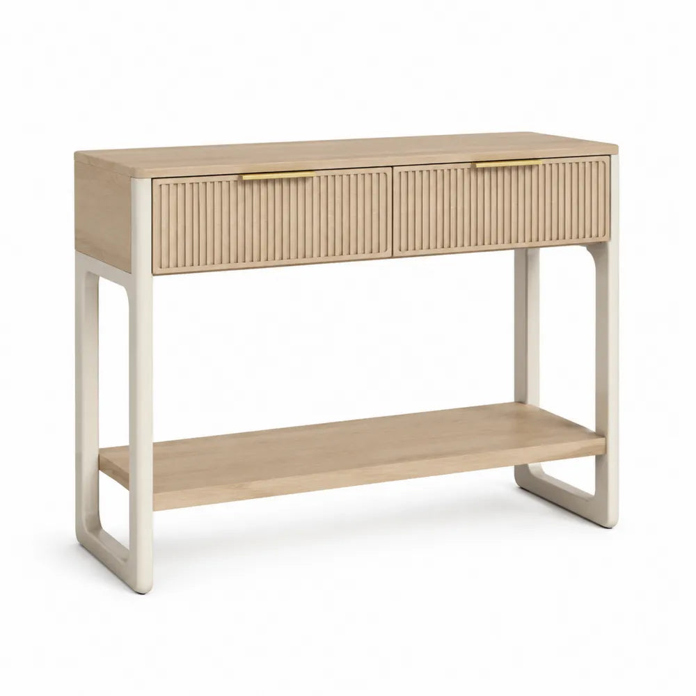 Konsolentisch 120 x 35 x 80 cm Holzwerkstoff Beige Eichenoptik mit zwei Schubladen offenem Fach Metallgestell rechteckig