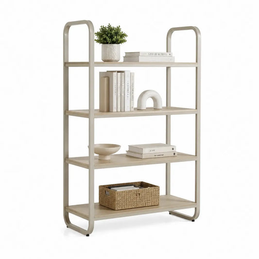 Bücherregal Standregal Metallrahmen 4 Ablagen Eichenoptik Beige rechteckig ca 80 x 30 x 150 cm
