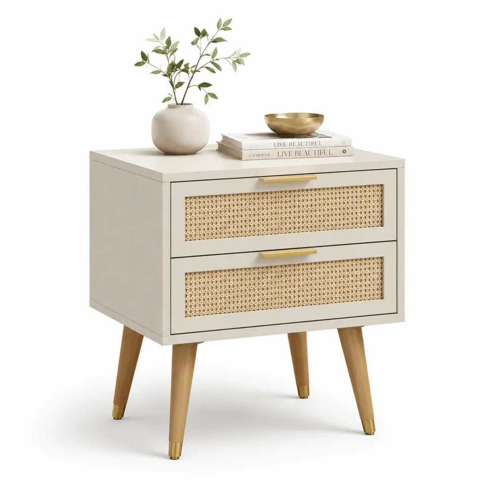 Nachttisch mit 2 Schubladen Rattangeflecht MDF Spanplatte rechteckig Beige Naturholz Goldfarben ca 50 x 40 x 55 cm