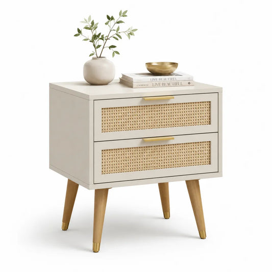 Nachttisch mit 2 Schubladen Rattangeflecht MDF Spanplatte rechteckig Beige Naturholz Goldfarben ca 50 x 40 x 55 cm