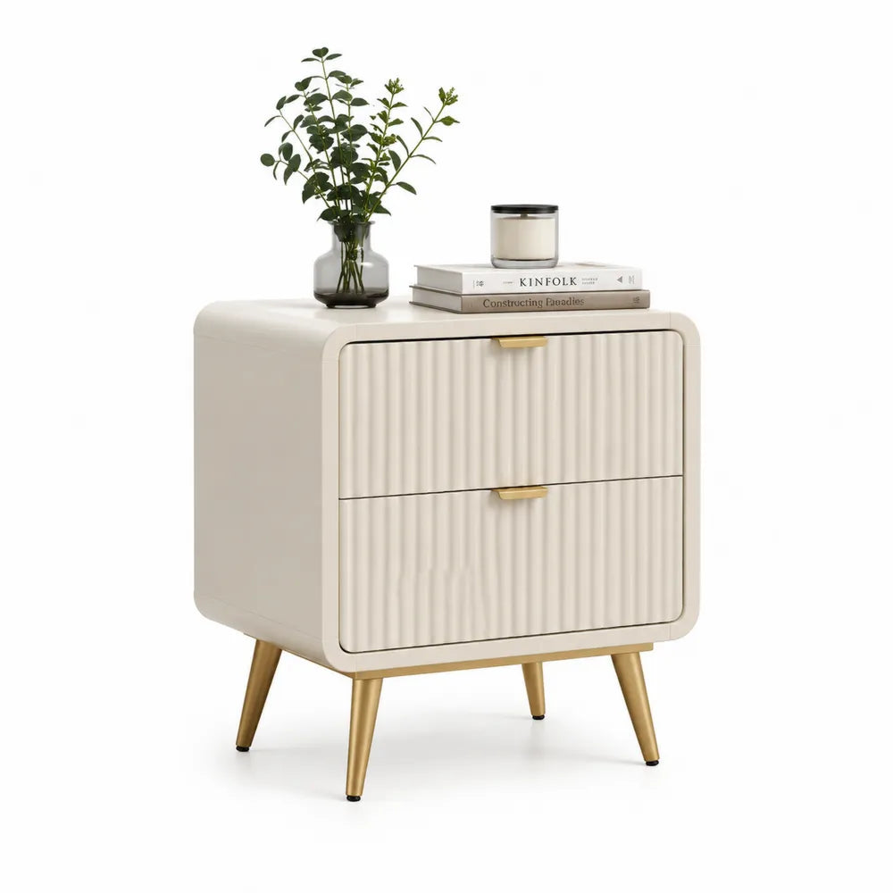 Nachttisch mit 2 Schubladen 45 x 40 x 55 cm MDF Rillenfront beige goldfarbene Metallgriffe konische Metallfüße