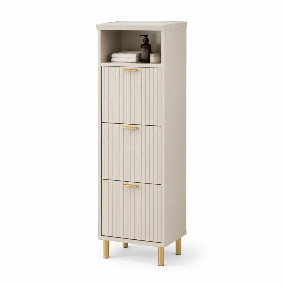Badezimmer Hochschrank 35 x 30 x 120 cm mit 3 Schubladen und offenem Fach MDF Creme Gold Metallfüße