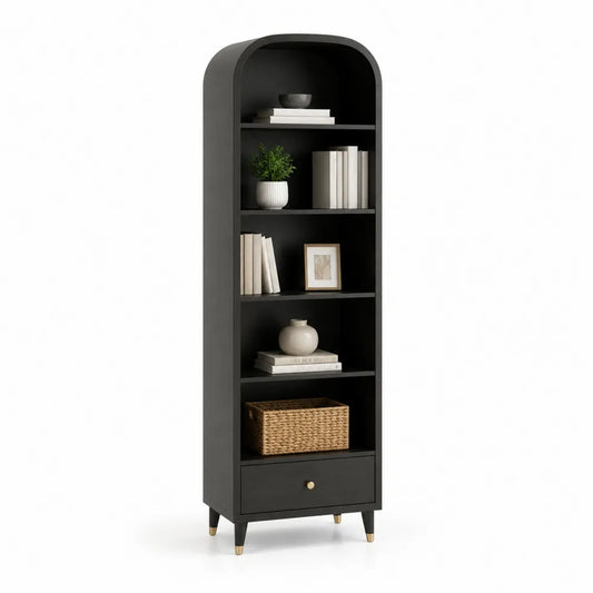 Bücherregal 60 x 30 x 180 cm mit 4 offenen Fächern und Schublade MDF schwarz goldfarbene Akzente Metallfüße