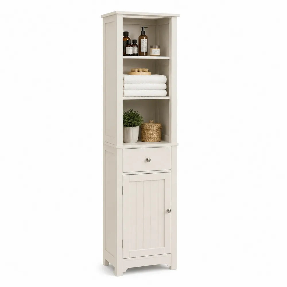 Badezimmer Hochschrank 35 x 30 x 160 cm MDF Creme mit Schublade Tür und offenen Fächern rechteckig