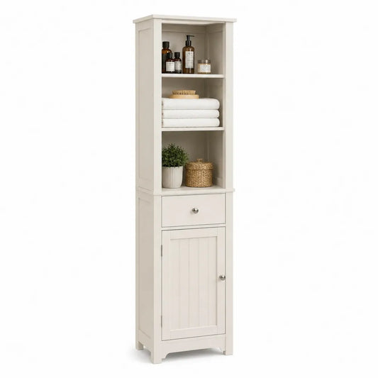 Badezimmer Hochschrank 35 x 30 x 160 cm MDF Creme mit Schublade Tür und offenen Fächern rechteckig