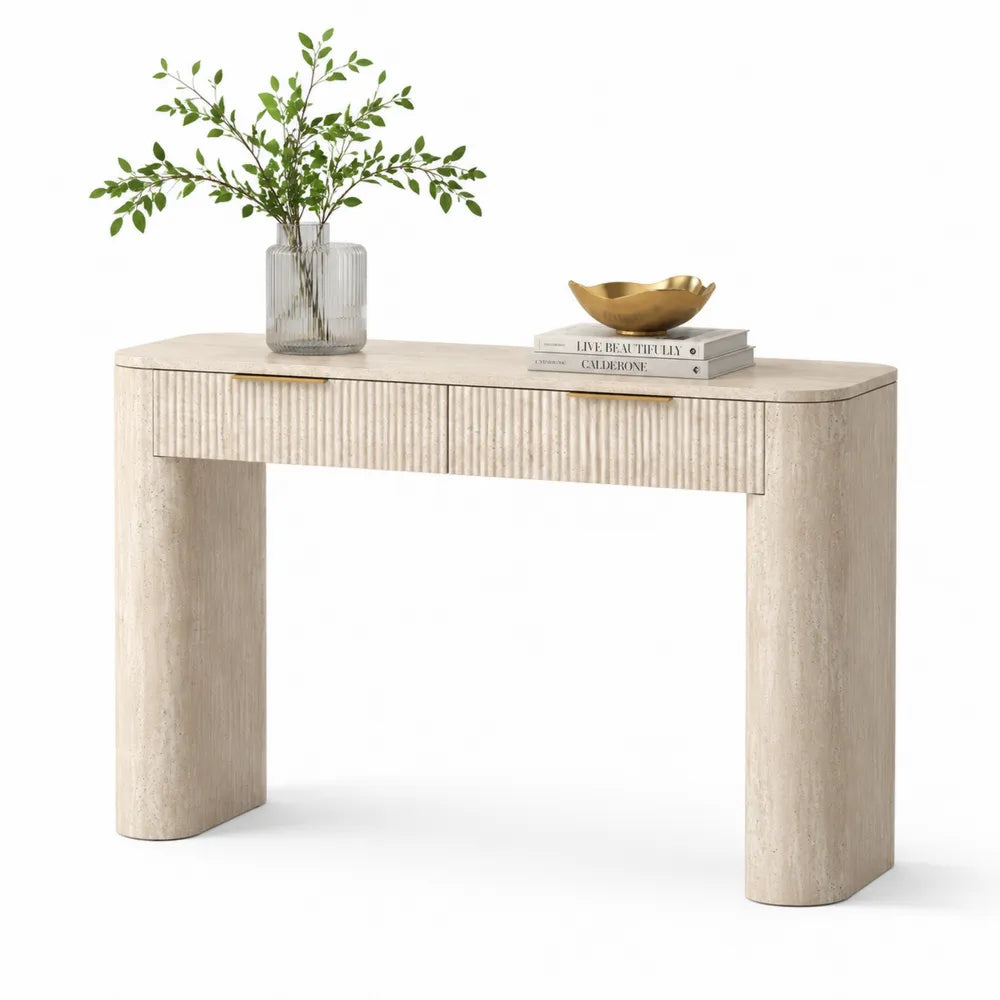 Konsolentisch 120 x 35 x 80 cm Keramikverbund Travertinoptik MDF Sandbeige rechteckig geriffelte Schubladen goldfarbene Griffe